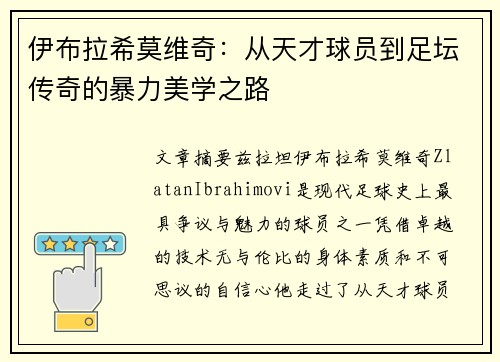 伊布拉希莫维奇：从天才球员到足坛传奇的暴力美学之路